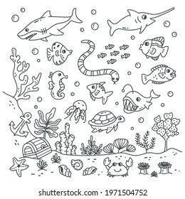 Set of cartoon sea animals in doodle style