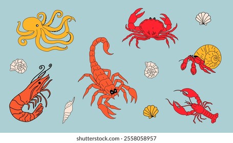 A set of cartoon sea animals, featuring a variety of colorful and playful marine creatures