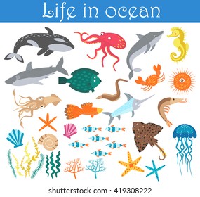 Set Of Cartoon Sea Animals Fish. Life In Ocean Collection. 