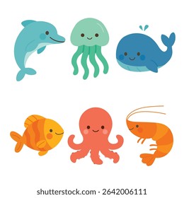 Set of cartoon sea animals including dolphin, jellyfish, whale, fish, octopus, and shrimp. Flat colorful illustration on white background. Underwater creatures and ocean life concept. Design for