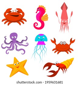 A set of cartoon sea animals. Jellyfish, squid, hermit crab, crab, seahorse, starfish, octopus. vector isolated on a white background