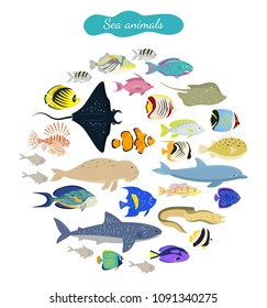 Set of cartoon sea animals on white background. Vector illustration.