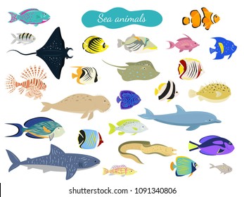 Set of cartoon sea animals on white background. Vector illustration.