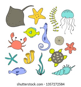 Set of cartoon sea animals on a white background. Vector illustration.
