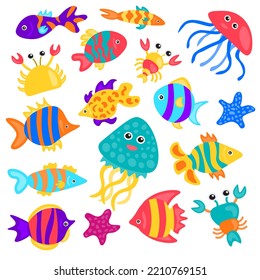 Set of cartoon sea animals on white background. Underwater nature aquarium fish vector illustration. Jellyfish, octopuses. Diving, snorkeling. Tropical fish vector illustration. Underwater nature.