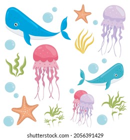 set of cartoon sea animals and plants.