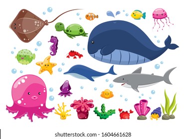 Set of Cartoon Sea Animals, Shark, Octopus, Whale, Coral Reef, Jellyfish, Seahorses