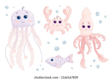 Set of cartoon sea animals. Squid, fish, jellyfish, crab. Vector graphics.