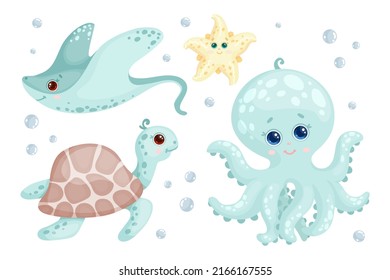 Set of cartoon sea animals. Starfish, octopus, turtle, stingray. Vector graphics.