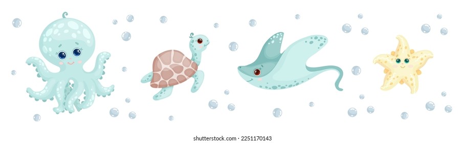 Set of cartoon sea animals. Starfish, octopus, turtle, stingray. Vector graphics.