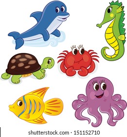 Set of cartoon sea animals. Vector illustration