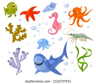 set of cartoon sea animals and weeds