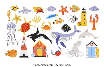 Set of cartoon sea creatures