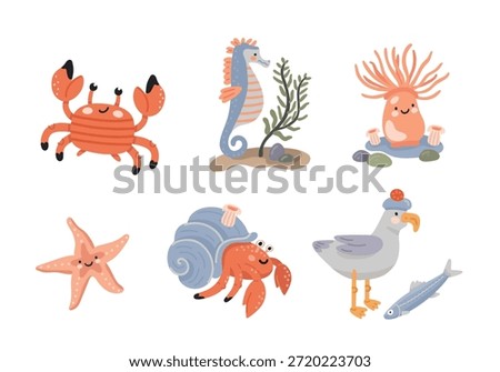A set of cartoon sea creatures for children's products and books. Flat vector style.