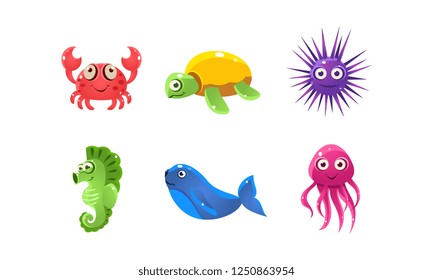 Set of cartoon sea creatures with funny faces. Marine animals. Flat vector for mobile game of children book