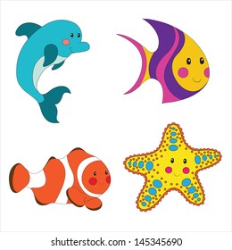 Set of cartoon sea creatures isolated on white. Vector illustration.