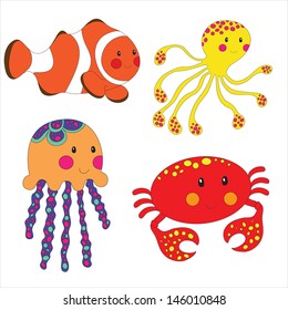 Set of cartoon sea creatures isolated on white. Vector illustration.