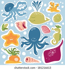 Set of cartoon sea creatures, vector stickers