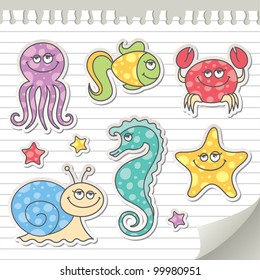 set of cartoon sea creatures, vector stickers