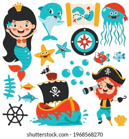 Set Of Cartoon Sea Elements