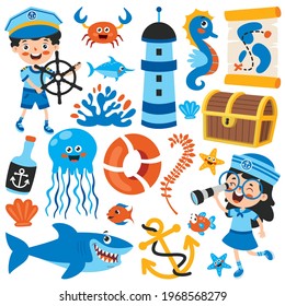 Set Of Cartoon Sea Elements