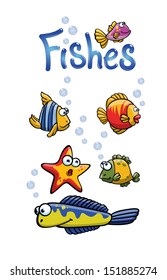 A set of cartoon sea fishes with different emotions. Character