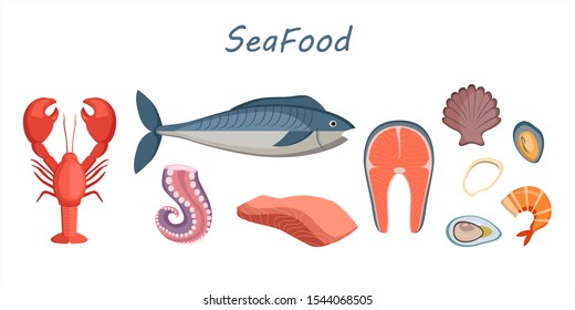 Set of cartoon sea food - tuna, salmon, clams, crab, lobster, octopus. Vector illustration, isolated on white. Collection product for restaurant
