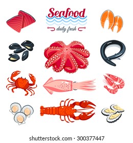 Set of cartoon sea food - tuna, salmon, clams, crab, lobster and so. Vector illustration, isolated on white, eps 10.