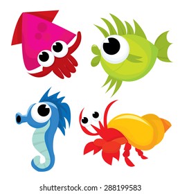 A set of cartoon sea life creatures vector illustration like fish, crab, cuttlefish and sea horse.