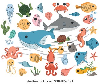 Set of cartoon sea, underwater life, sea animals, turtles. Set of illustrations of ocean wildlife, underwater animals, sharks, whales, octopuses and fish. Flat illustration with line elements