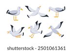Set of cartoon seagulls standing and flying with spread wings