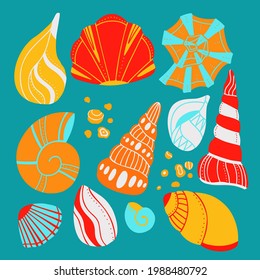 Set of cartoon seashells with sand and doodle ornament on blue background. Flat design element of ocean inhabitants with boho ornaments. Vector molluscs, shells and snails