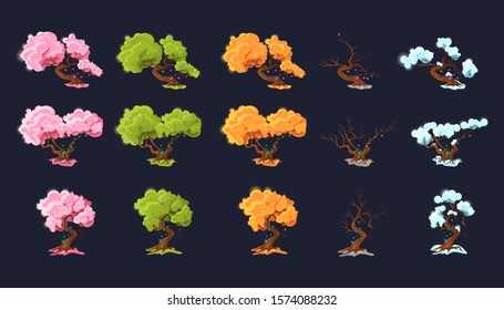 Set cartoon seasonal trees for game scenes. Trees at different times of the year. Trees in each of the four seasons: spring, summer, autumn, winter.
