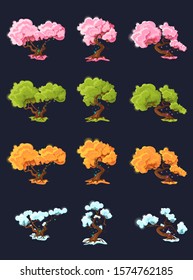 Set cartoon seasonal trees for game scenes. Trees at different times of the year. Trees in each of the four seasons: spring, summer, autumn, winter.