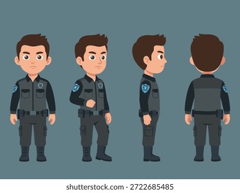 Un conjunto de ilustraciones de personajes de guardia de seguridad de dibujos animados que muestran vistas frontal, lateral y posterior.