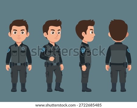 A set of cartoon security guard character illustrations showing front, side, and back views.