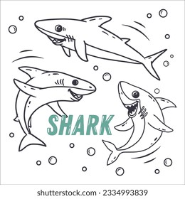 Set of cartoon shark. Doodle style. Monochrome illustration of a stylized shark. Vector