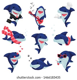 Set of cartoon sharks. Vector illustration on white background. Set of cartoon sharks. Vector illustration on white background.