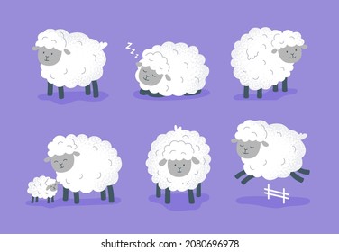 Set of cartoon sheep. Cute sheep stand, jump, and sleep. Vector flat illustrations.