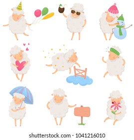 Set of cartoon sheep in different situations. Funny character of domestic animal with fluffy wool. Colorful flat vector design for postcard, sticker or children book