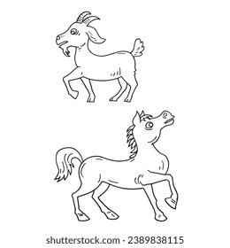 Set of cartoon sheep and horse hand drawn illustration element vector
