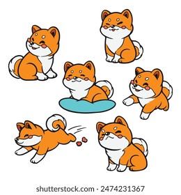 Conjunto de dibujos animados de Shiba Inu en varias poses como sentarse, dormir y saltar. Ilustración vectorial perfecta en estilo de arte plano, aislado sobre un fondo blanco, ideal para proyectos creativos.