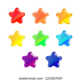 Set of cartoon shiny glossy colorful stars vector illustration. Vector glowing asset for gui design isolated on white background.