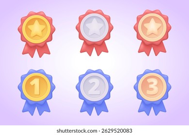 Set of cartoon shiny gold star medals with red ribbons in pseudo 3d style, award icons for ranking, reward, victory and success badge collection – 3d vector illustration collection