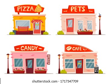 Set cartoon shop facade vector illustration isolated on white background. Pizzeria, pets, candy, cafe buildings. City elements. 