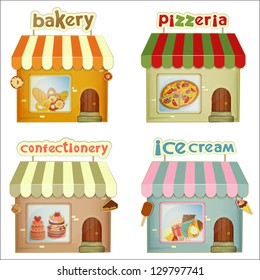 Set of Cartoon Shops. Bakery, Pizzeria, Confectionery, Ice Cream Shop Isolated on White Background. Vector Illustration.