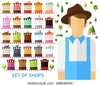 Set of Cartoon Shops concept background. Flat icons.