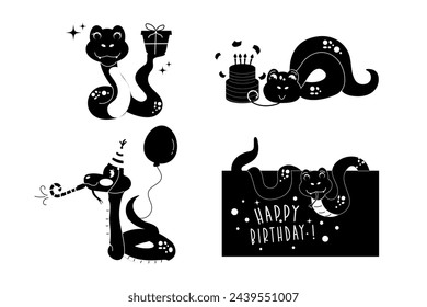Set cartoon silhouette character birthday snake hand drawn