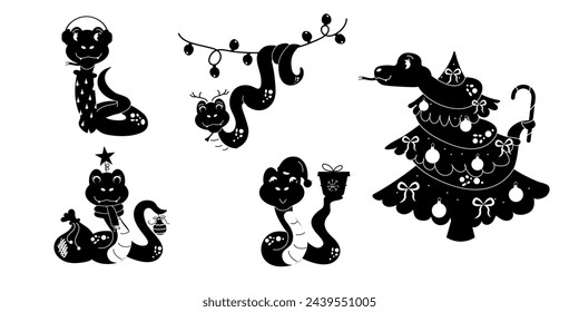 Set cartoon silhouette character christmas snake hand drawn