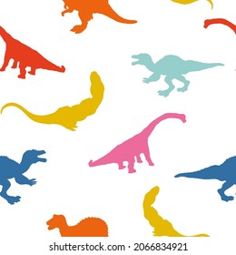 Set cartoon silhouette dinosaurus on seamless pattern isolated on white background. Vector